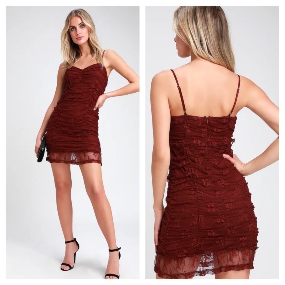 New Lulus Enchantress Plum Purple Ruched Lace Bodycon Dress, New with Tags - Picture 1 of 7